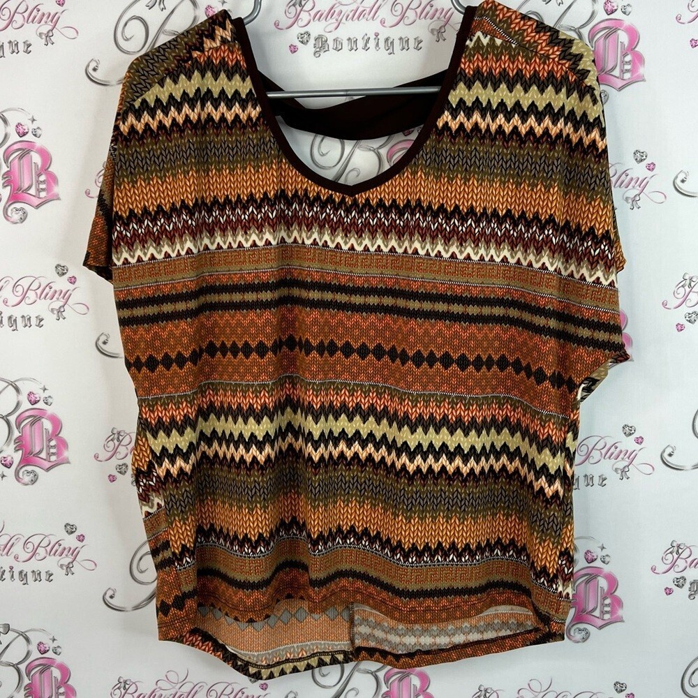 Suzy Shier tshirt strappy back Aztec Zigzag Patterned Top - Black, Brown, Orange